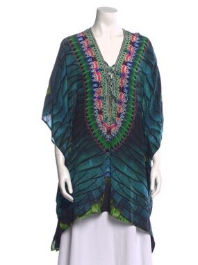 NWT Camilla Multicolor Peacock-Print V-Neck Tunic with Embellished Trim